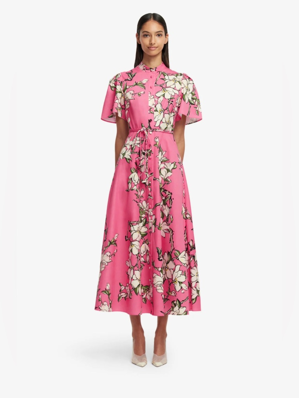LEO LIN BIANCA SHORT SLEEVE MIDI DRESS IN PINK MAGNOLIA PRINT - Picture 8 of 17